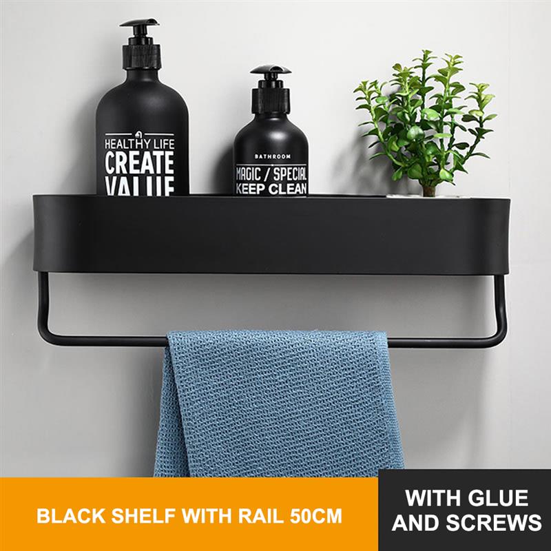 Black Bathroom Kitchen Wall Shelves Rack and Bath Towel Holder