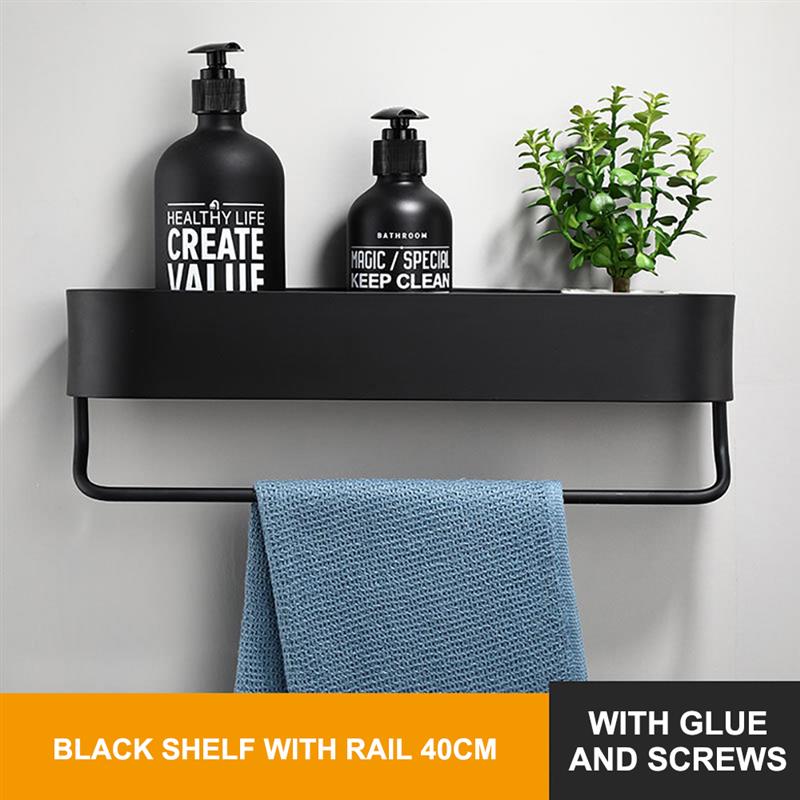 Black Bathroom Kitchen Wall Shelves Rack and Bath Towel Holder