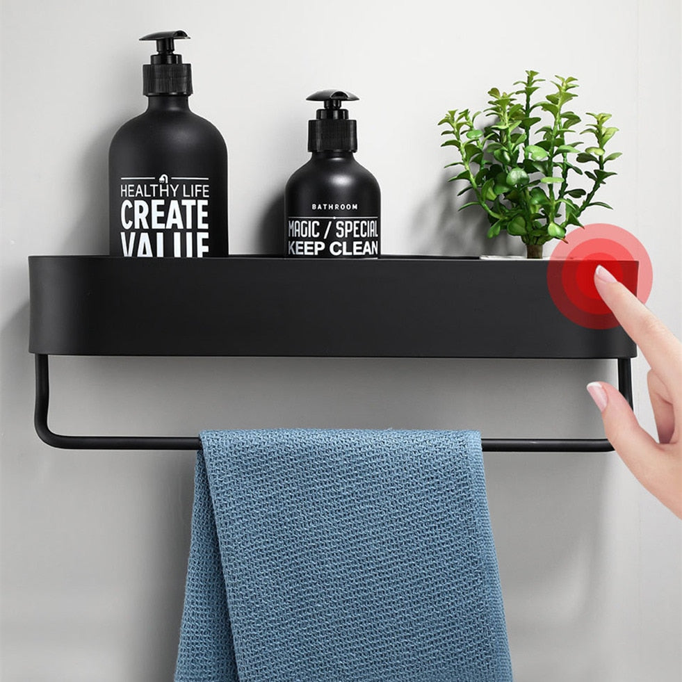 Black Bathroom Kitchen Wall Shelves Rack and Bath Towel Holder