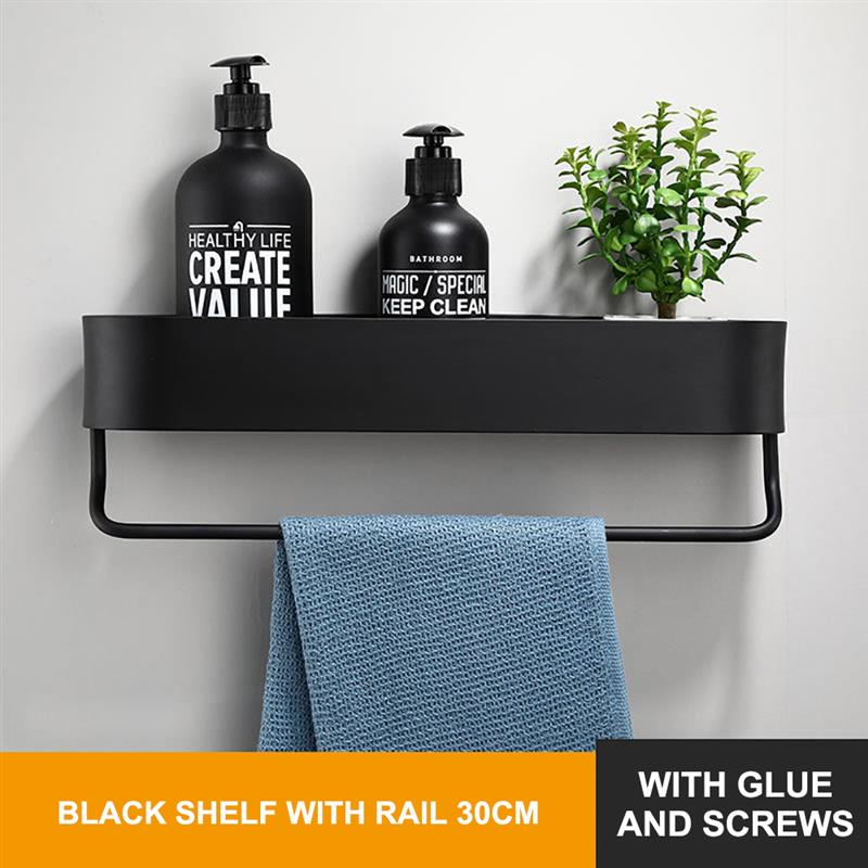 Black Bathroom Kitchen Wall Shelves Rack and Bath Towel Holder