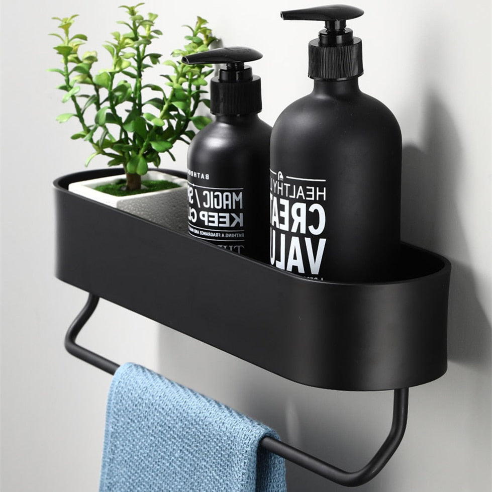 Black Bathroom Kitchen Wall Shelves Rack and Bath Towel Holder